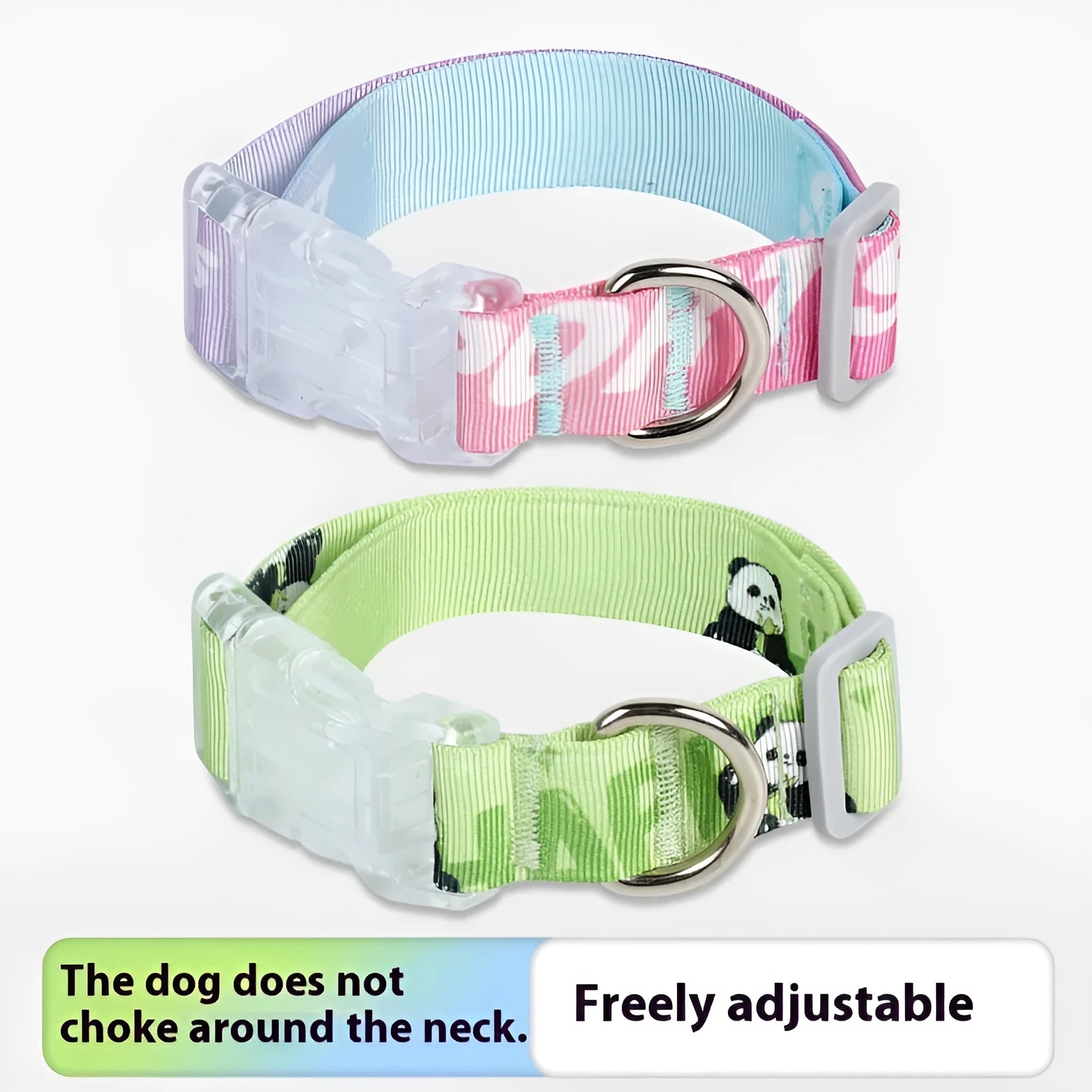 A cartoon gradient print adjustable nylon dog collar shown in sizes S, M, and L for small to large dogs.