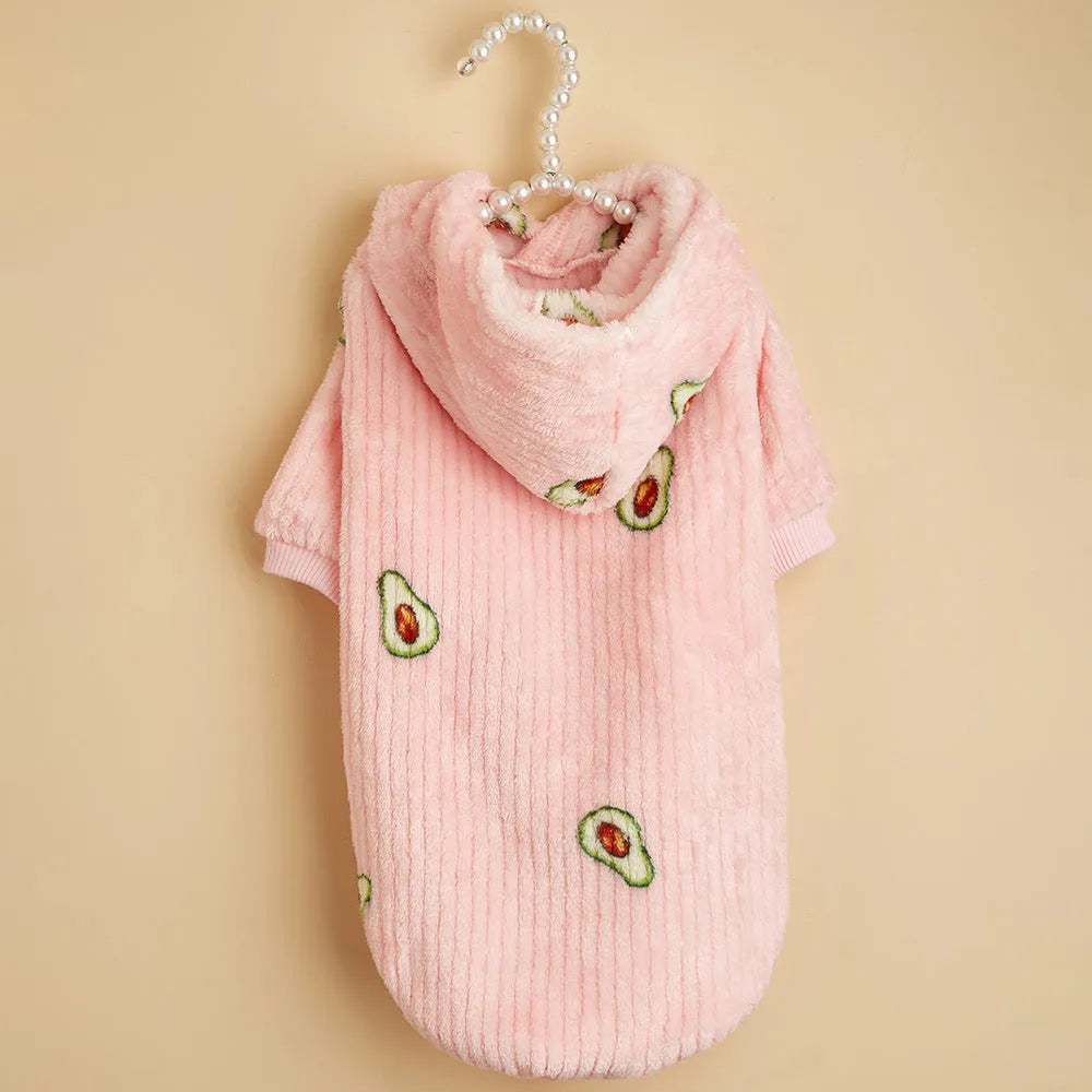 Pink polyester pet hoodie with avocado print for cats and dogs, sizes XS to XL