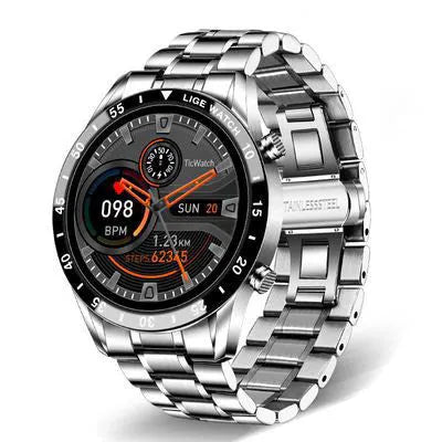 Smart watch with stainless steel wristband and 1.3-inch touch screen displaying step count