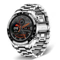 Smart watch with stainless steel wristband and 1.3-inch touch screen displaying step count