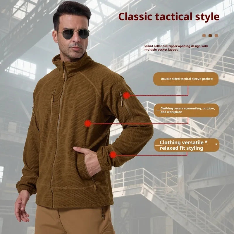 Men's polar fleece cycling jacket in solid colour, available in army green, black, brown, and gray, sizes S to 3XL
