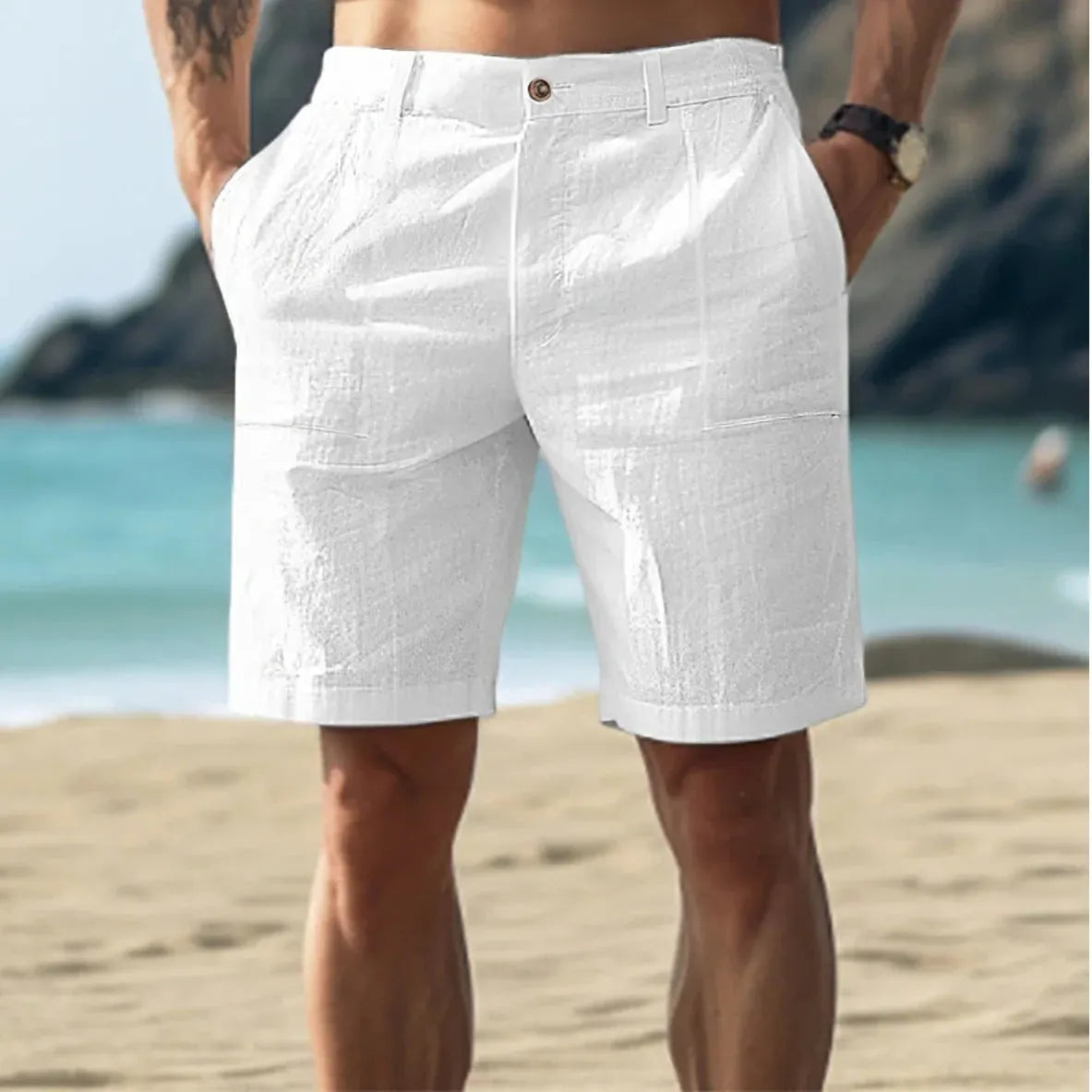 Man wearing dark blue cotton linen blend five-point length casual shorts with a button fly.