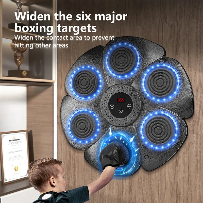 Black smart boxing wall target with Bluetooth lights and included half-finger gloves
