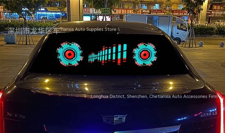 Long rectangular car rhythm lamp with electroluminescent panel showing colourful music-reactive light patterns