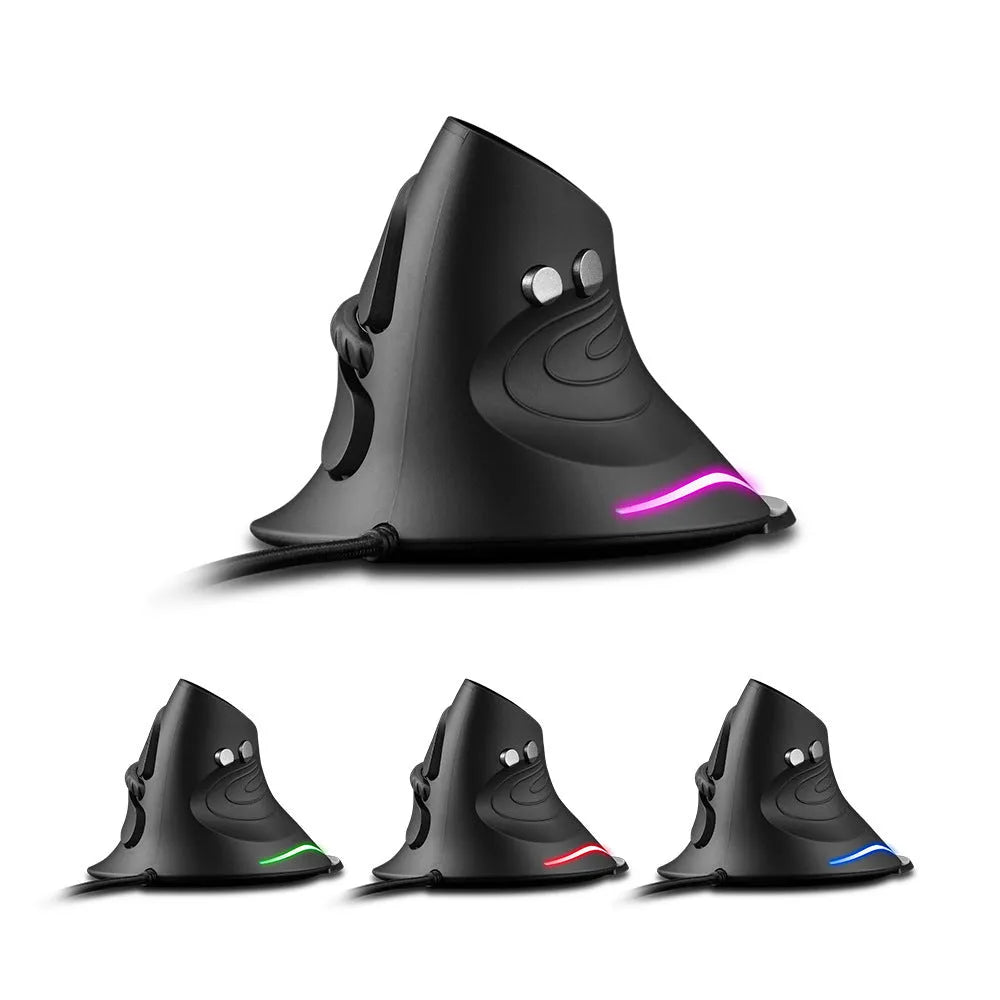 Black wired vertical ergonomic mouse with snail-type shape and 1.8-metre USB cable on a desk