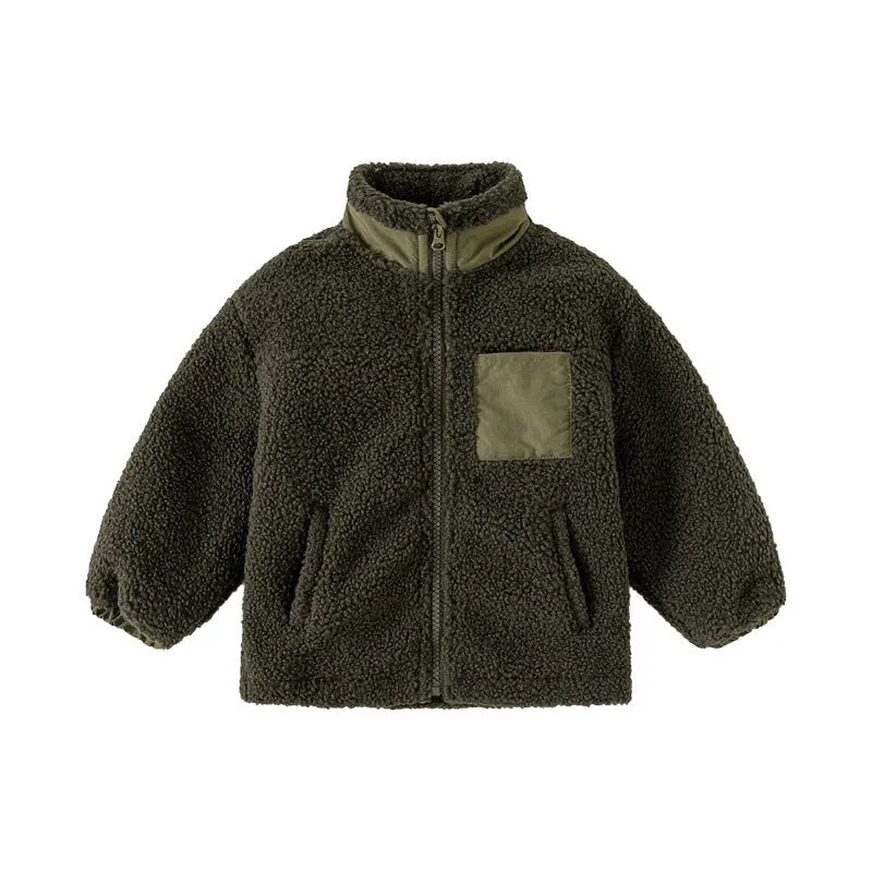 Boys' thickening coat with fleece stand collar and zip front in navy blue or army green, height sizes 90cm to 130cm