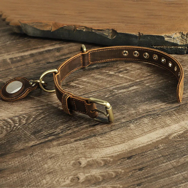 Brown handmade retro double-sided cowhide dog collar showing leather texture and halter positioning design