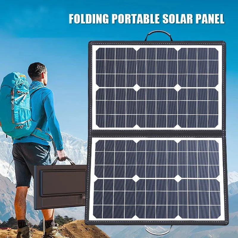 Black 40W folding bag portable solar panel shown folded, for outdoor camping and emergency charging.