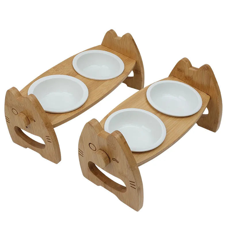 Height-adjustable ceramic double pet bowl with bamboo stand, separate bowls, non-slip base, original wood colour