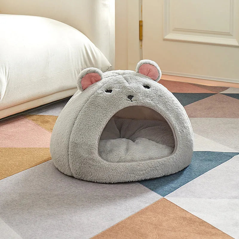 Cartoon cat and mouse all cotton soft fluffy pet bed house mat for small cats and dogs, light gray