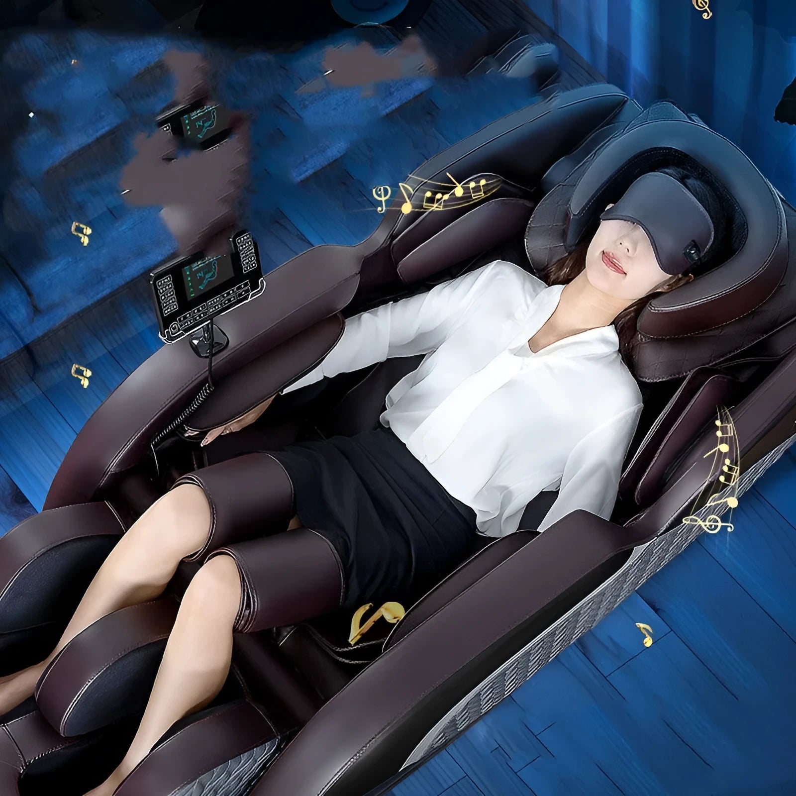 Home massage chair in classic black brown polyurethane leather with full-body electric function