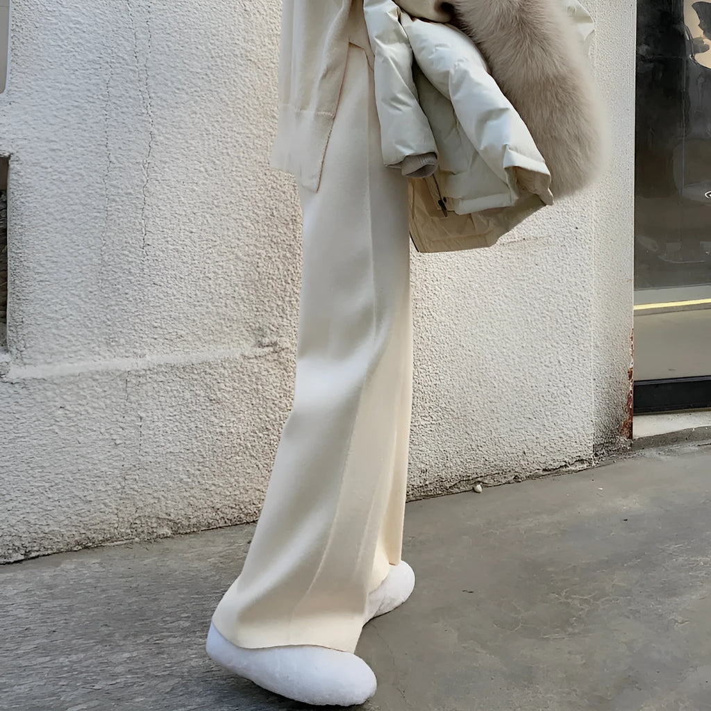 Women's cream white knitted wide-leg high waist trousers for autumn winter casual wear