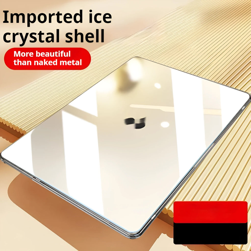 Transparent plastic protective shell for a MacBook laptop, shown in clear and tinted black options.