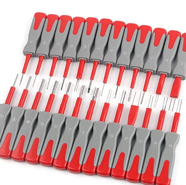25 piece car terminal removal tool set in a black storage case with tools arranged for auto electrical repair.