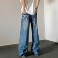 Blue designer embroidered high-waisted retro loose slimming trousers with mid waist and zip fly, sizes S to 3XL.
