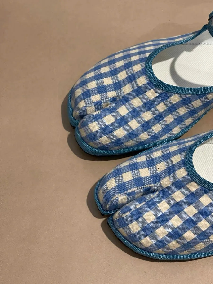 Korean style plaid split toe ballet flats with sheepskin lining and low 1-3cm heel, Picture Color
