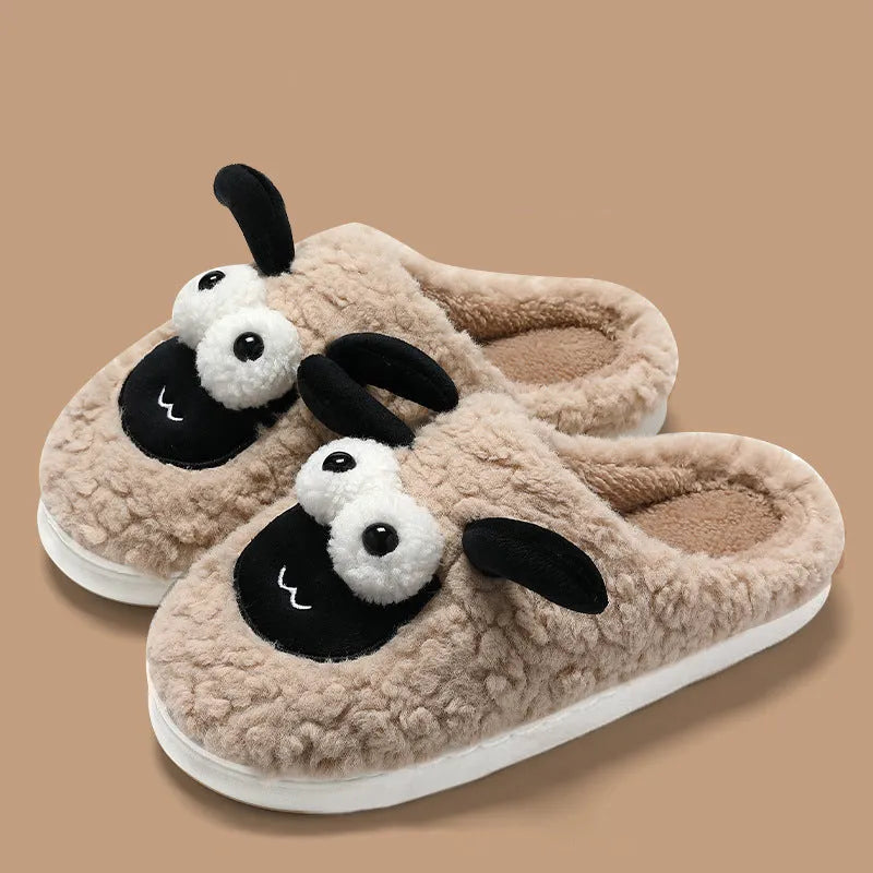 Brown lamb thermal cotton slip-on slippers with sewn PVC sole on wooden floor