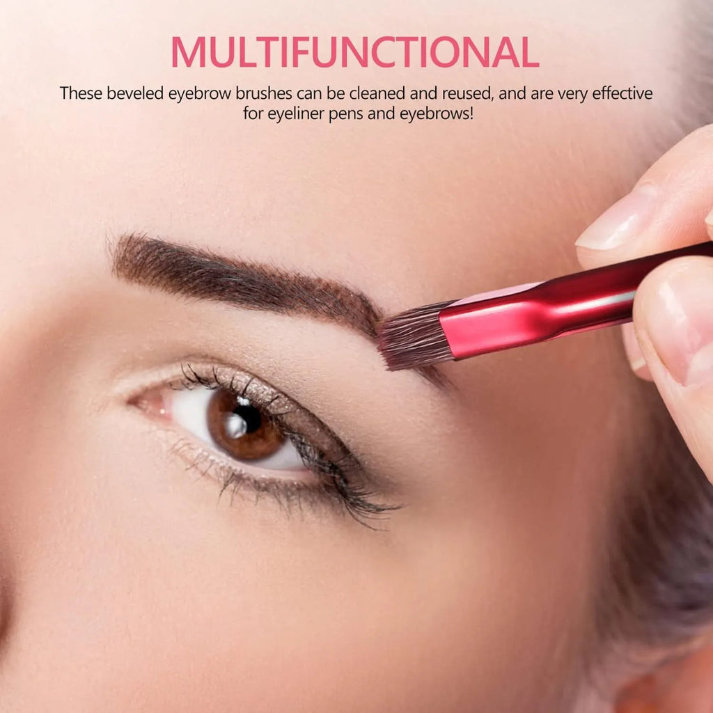 Black angled square eyebrow stamp brush with synthetic bristles on a wooden table