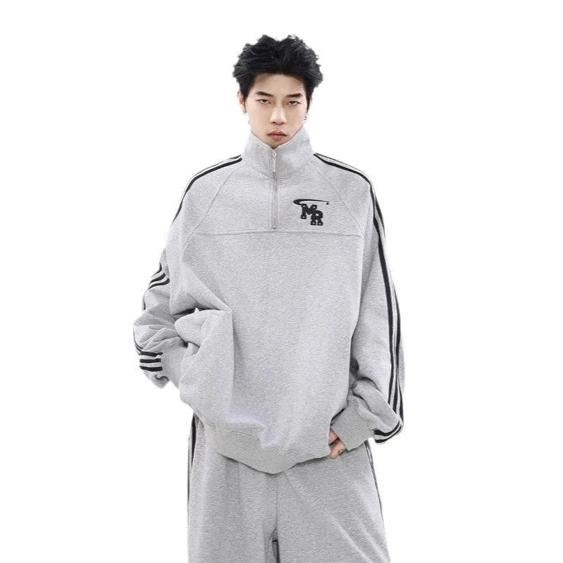 Black polyester sports hoodie with stand collar and long sleeves