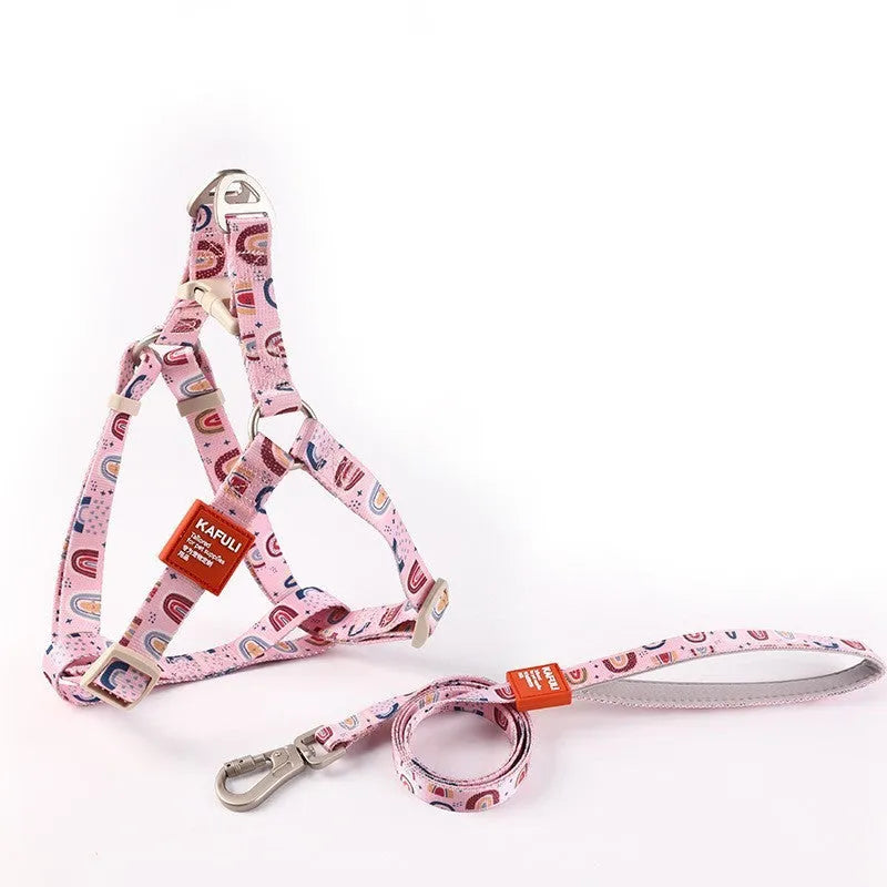 Blue adjustable dog chest harness with attached haulage rope on a white background.