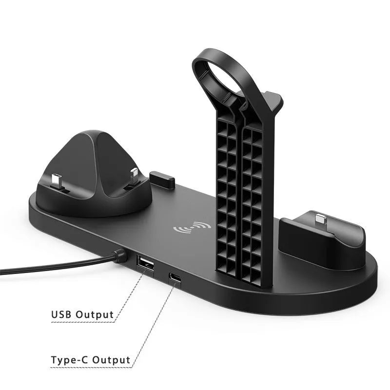 Universal wireless charging stand for mobile phone, smartwatch and headphones in black colour
