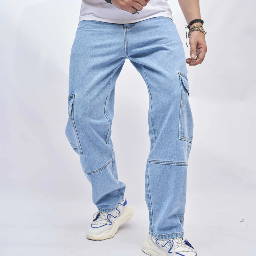 Men's American style loose fit blue cotton jeans mid waist denim trousers