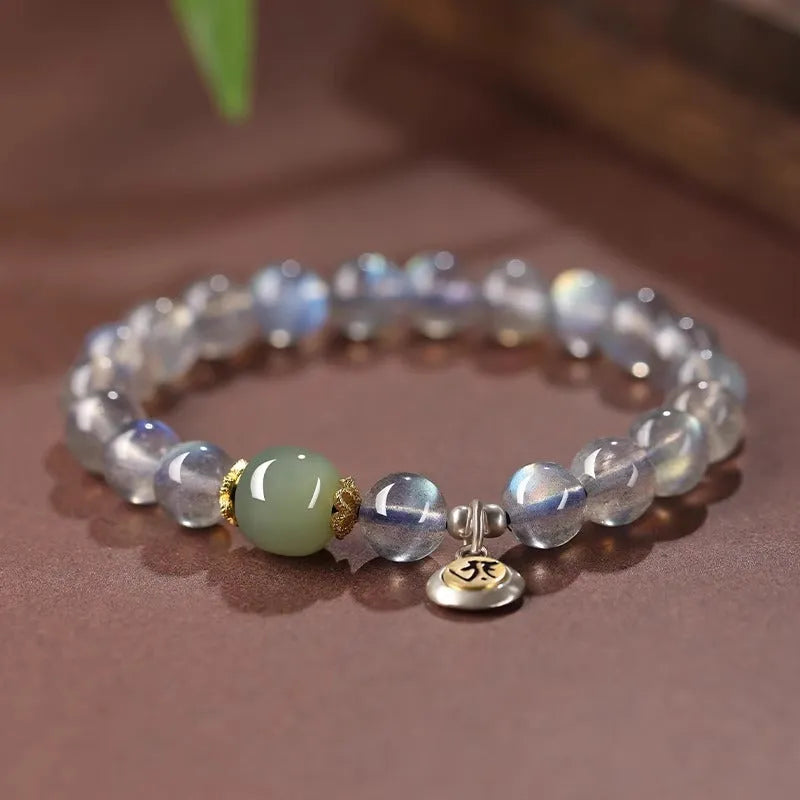 Birth Buddha Beads moonstone bracelet with Thousand-Hand Guanyin Mouse charm and electroplated finish