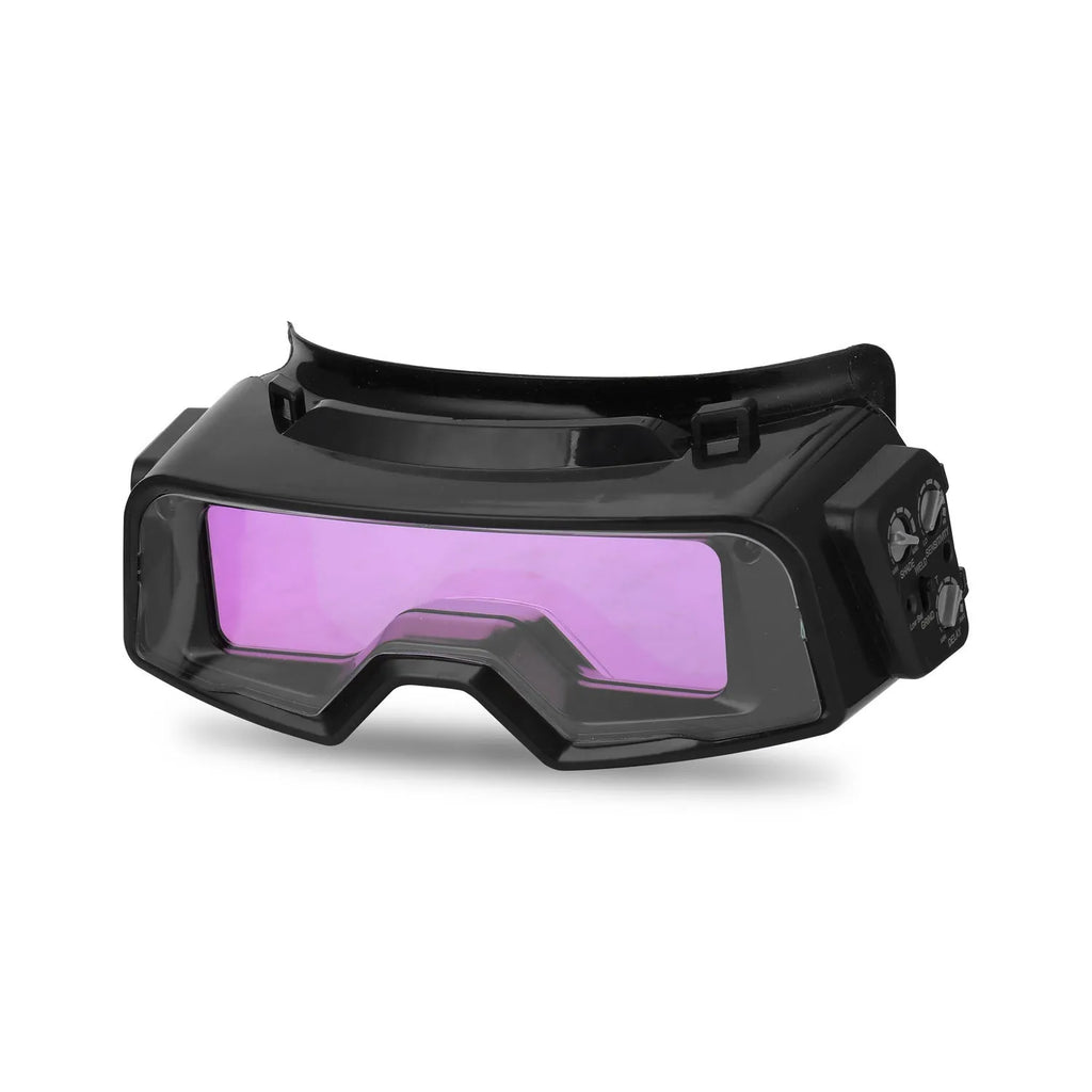 Black automatic darkening welding mask glasses with a large rectangular lens on a lightweight frame.
