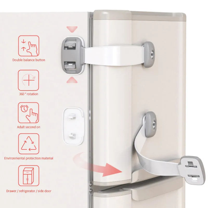 Adjustable child safety cabinet lock with strap showing grey and green colour options