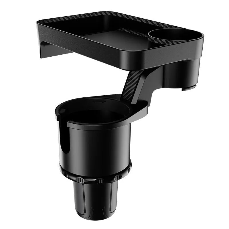 Black ABS plastic car-mounted rotating dinner tray holder showing 360-degree rotation function