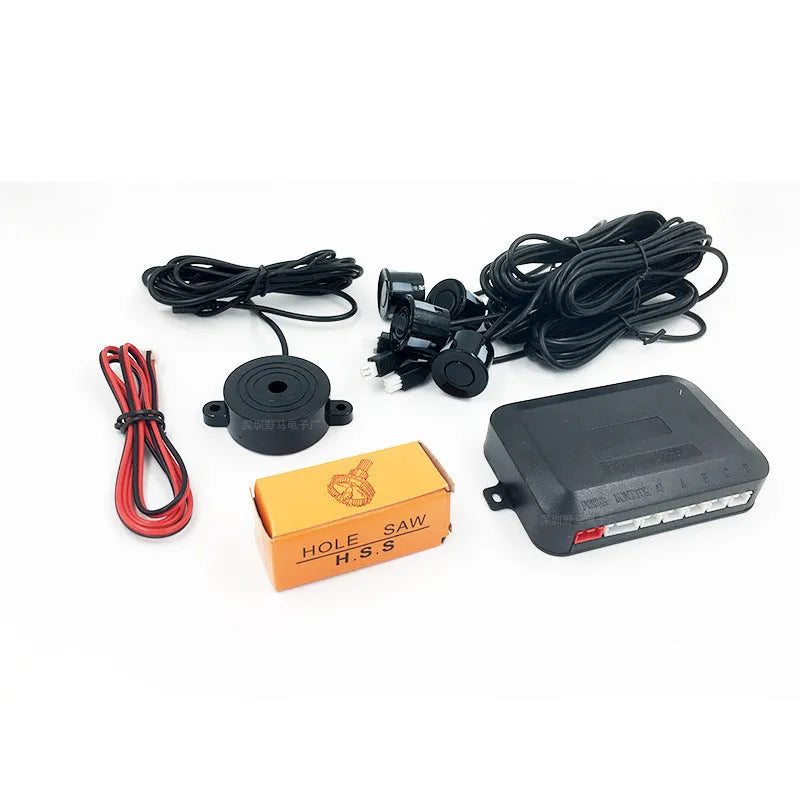 4-probe buzzer reversing radar kit with sensors, control module, and installation tools