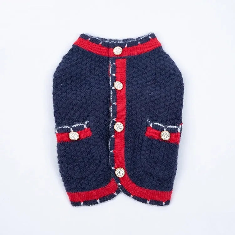 Blue wool blend dog cardigan in classic princess style shown on mannequin