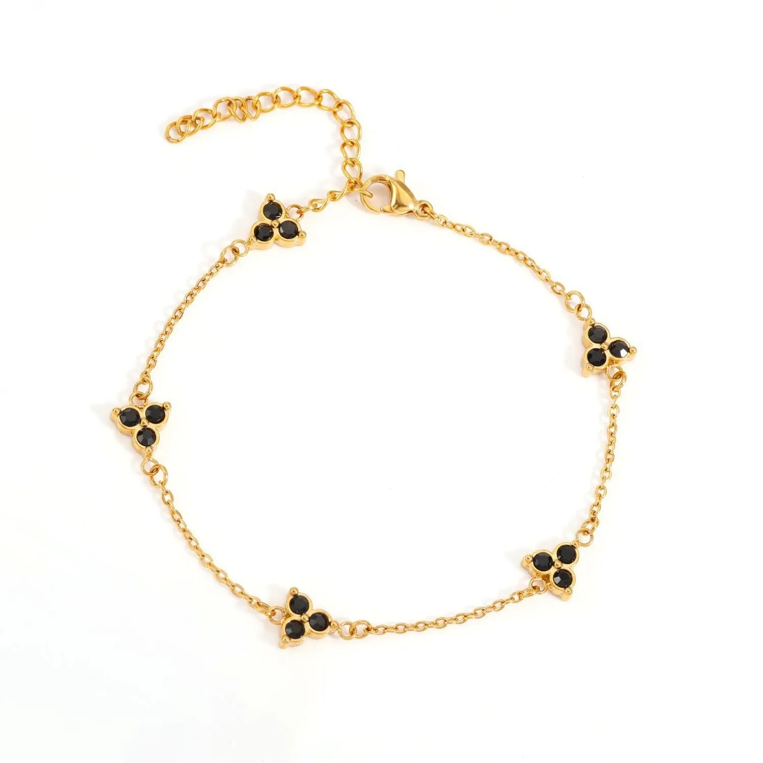 Women's stainless steel geometric bracelet with three diamond triangle design and coloured stone accents