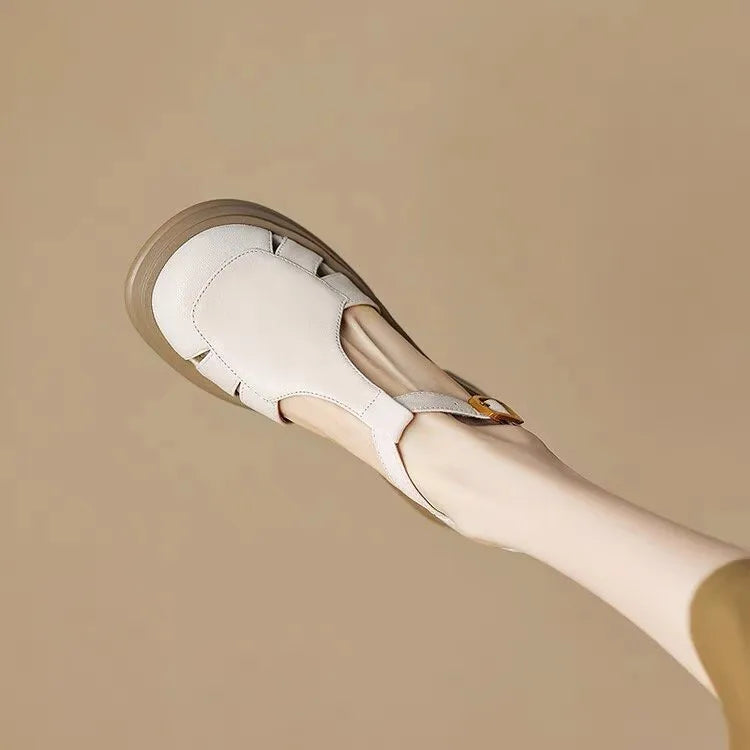 Women's retro chunky platform ankle-strap high heels in beige or dark brown, mid 3-6cm heel, sizes 35-39