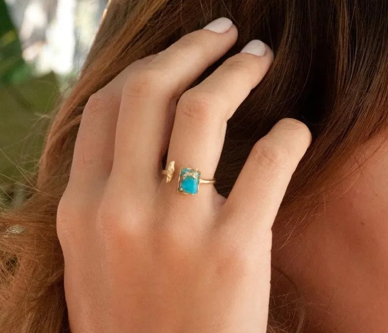 Silver-tone alloy open ring with turquoise inlay and geometric shape, adjustable band for women.