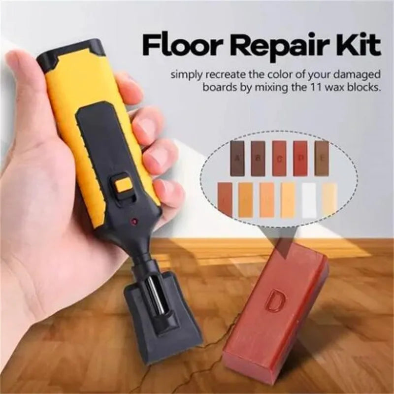 Floor repair suit tool set with handle tools and coloured wax sticks for tile repair