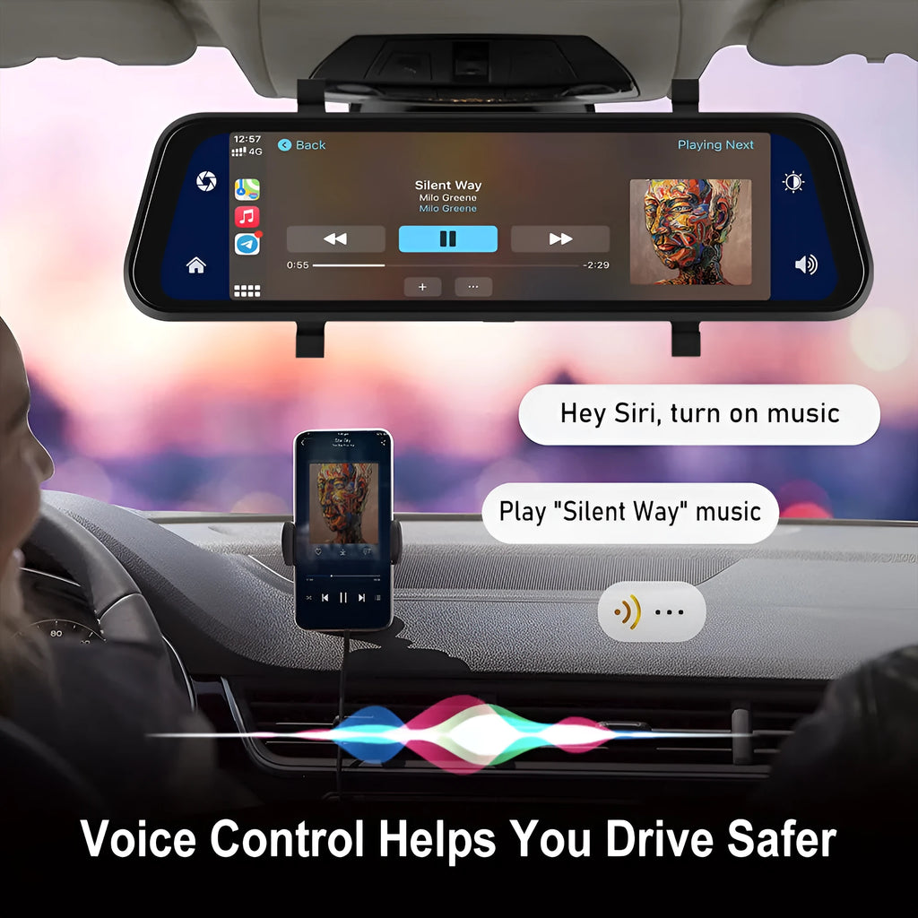 9.66-inch touchscreen car dashboard camera mirror showing video display and smartphone interface