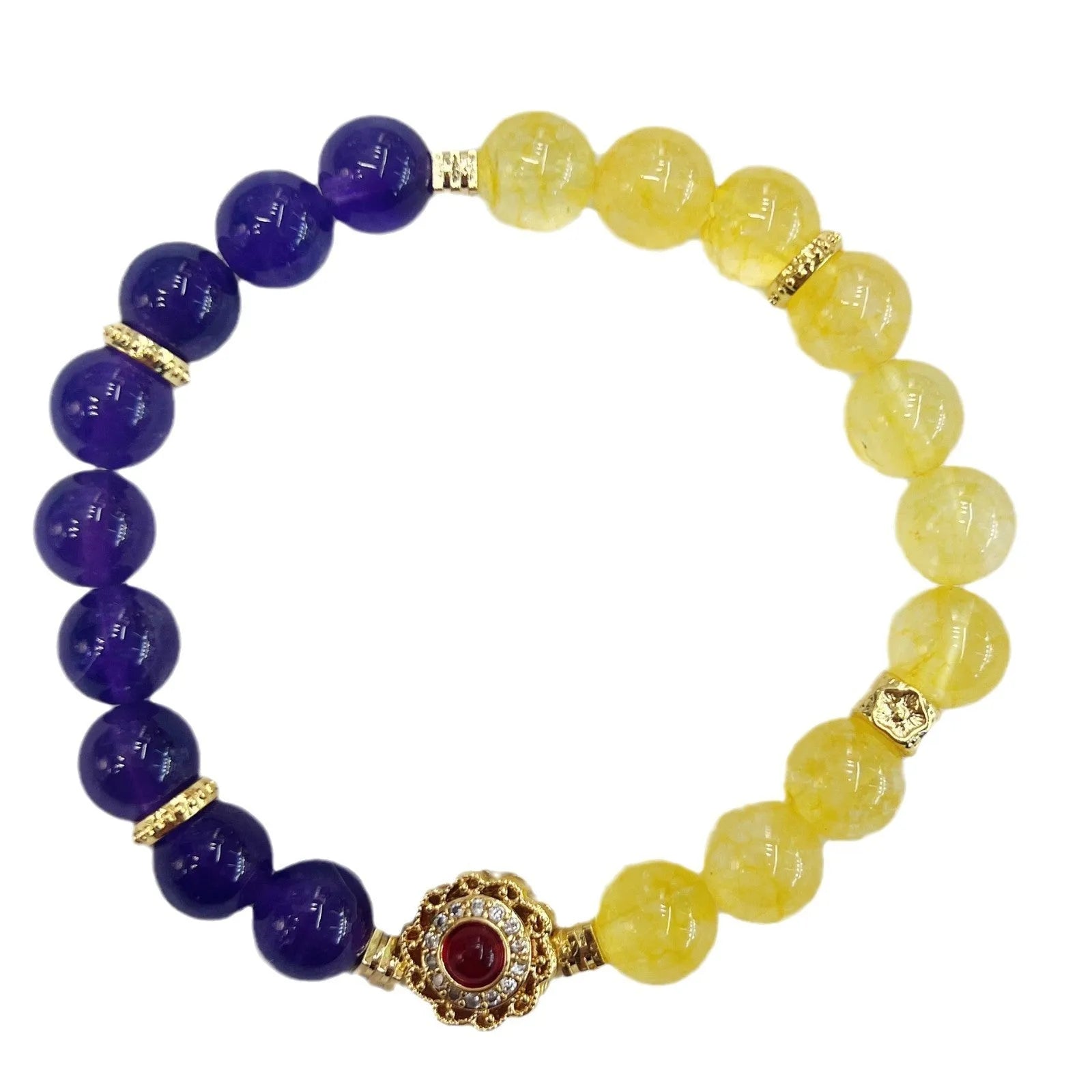Handmade women's yellow and purple amethyst crystal bracelet showing manual craftsmanship detail