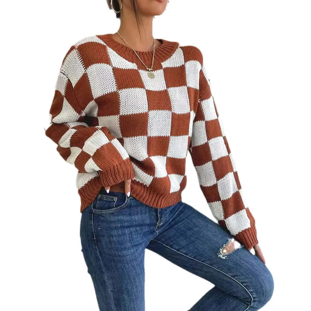 Dark brown loose fit acrylic pullover sweater with a chessboard plaid pattern and long sleeves.