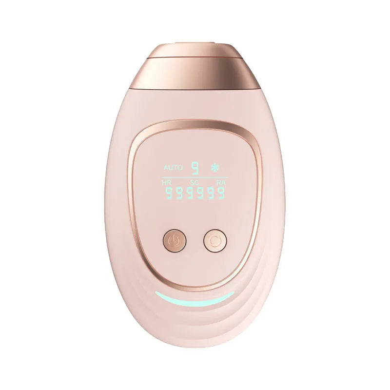 Pink and white three-in-one ice-sensing laser hair removal device with protective glasses and accessories