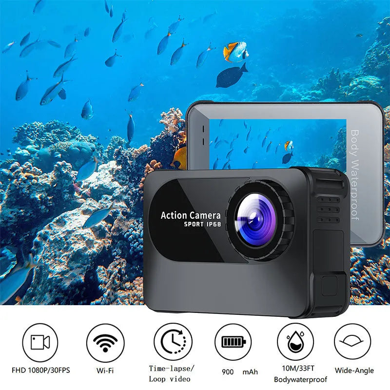 Black outdoor sports camera with touch screen, measuring 66x44x31mm with 170 degree wide angle lens