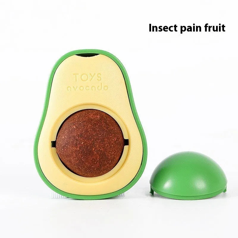 Colourful plastic catnip ball chew toy for dental care on a white background.
