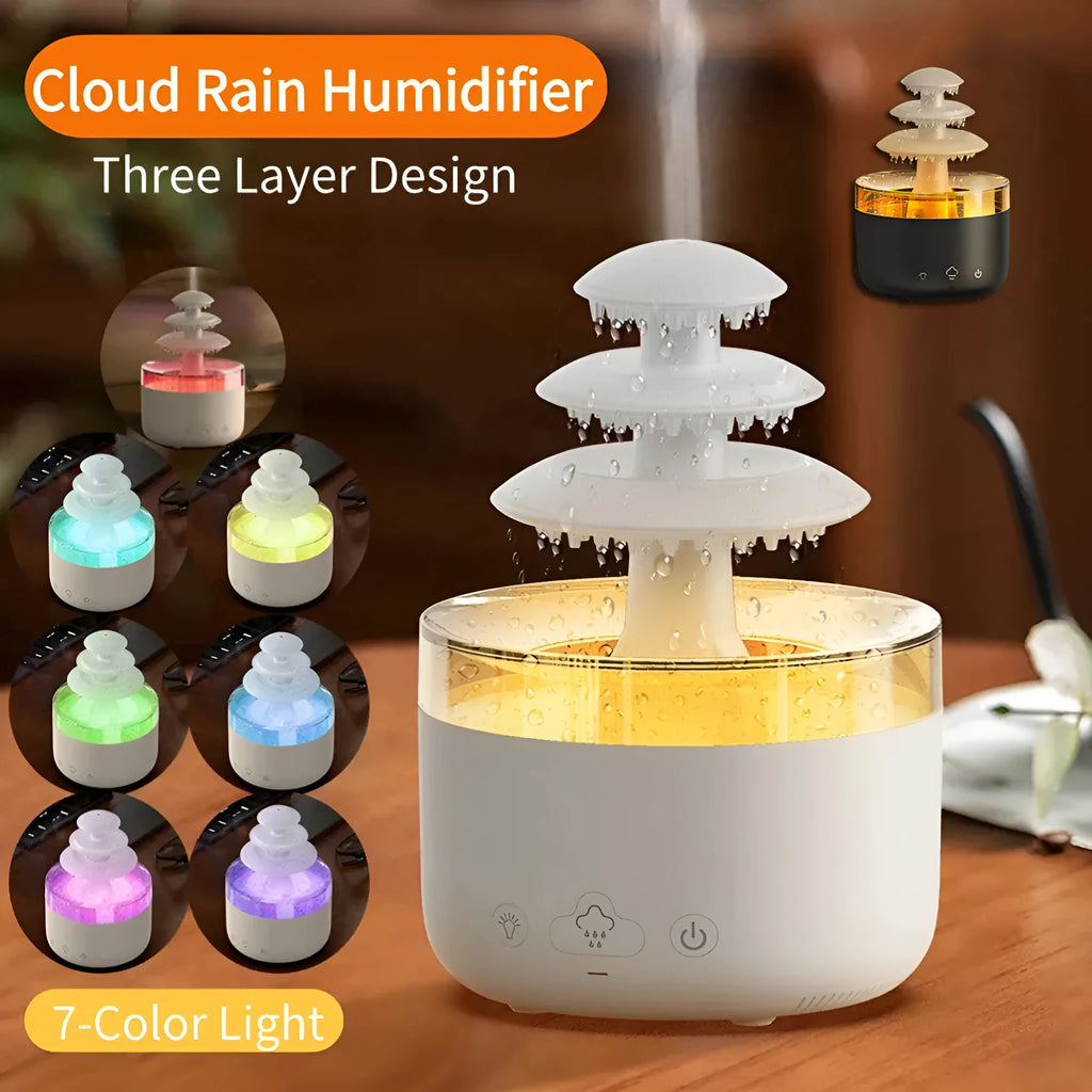 White plastic cloud rain effect USB air humidifier and essential oil diffuser with coloured lights.