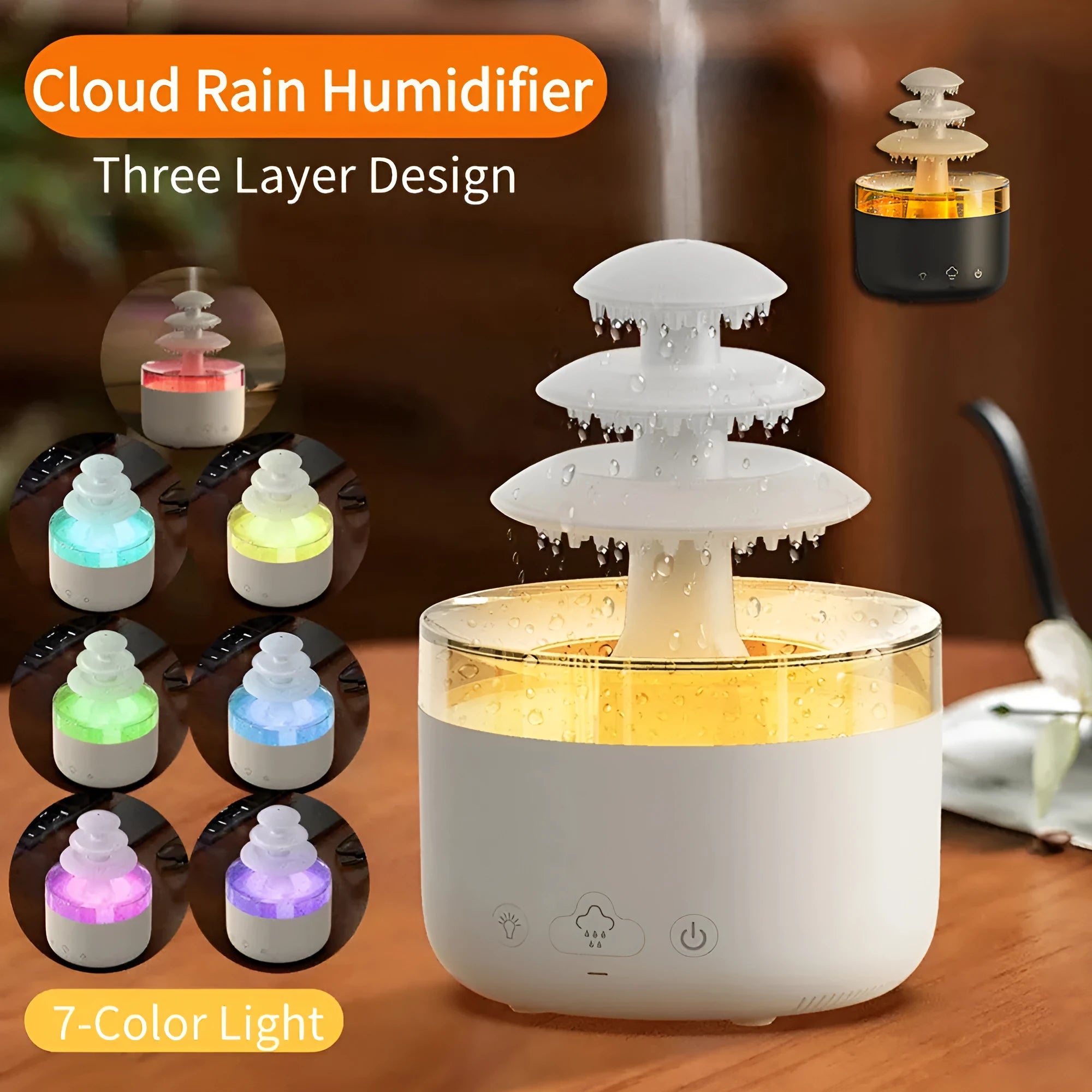 White plastic cloud rain effect USB air humidifier and essential oil diffuser with coloured lights.