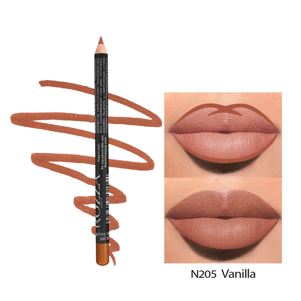Matte lip liner pencil in a choice of fourteen colours, shown with swatches.