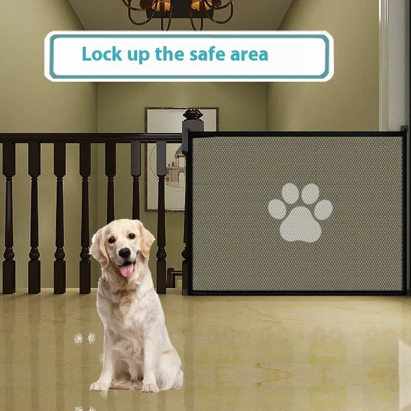 Folding dog barrier with pet doorsill design in doorway setting