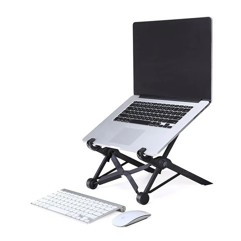 Sagacious black portable folding laptop stand with collapsed legs next to its carrying case.