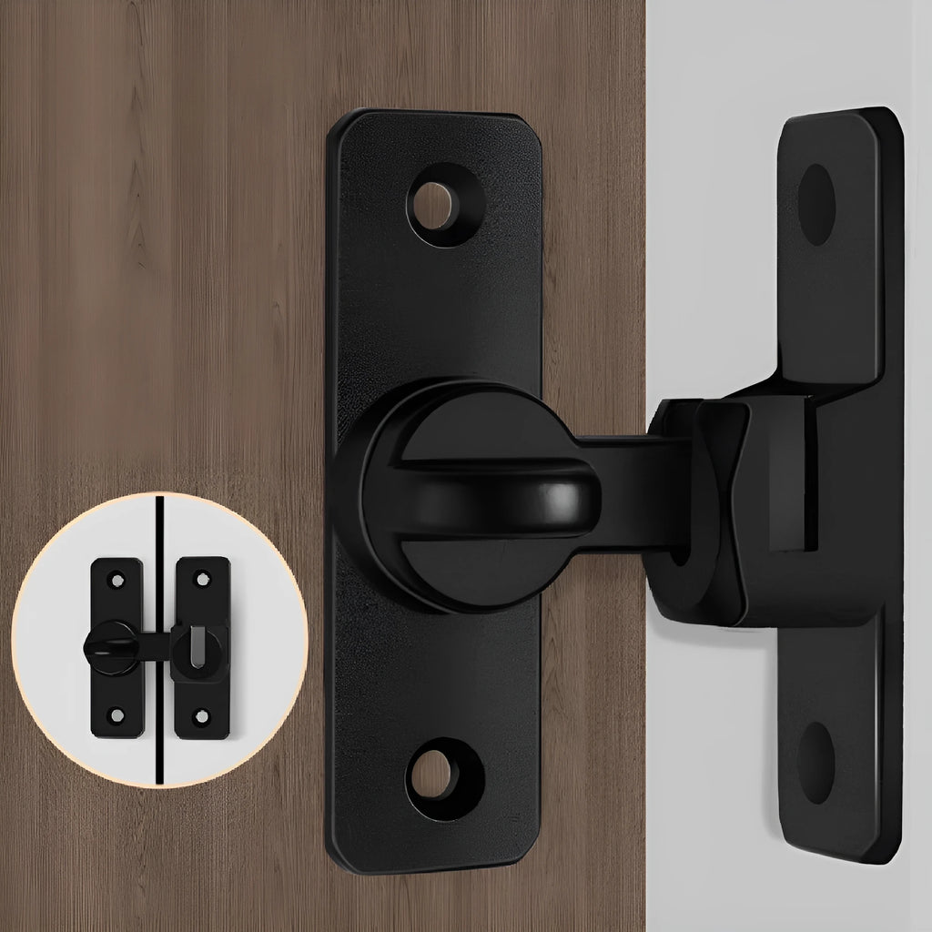Aluminum alloy punch-free door latch shown in silver finish with screws, positioned at 90-degree angle