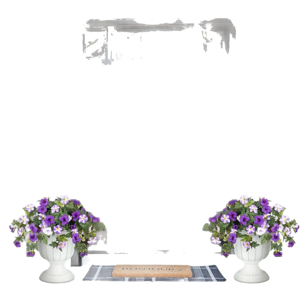 Plastic artificial flower container with 12 ground forks in courtyard garden setting