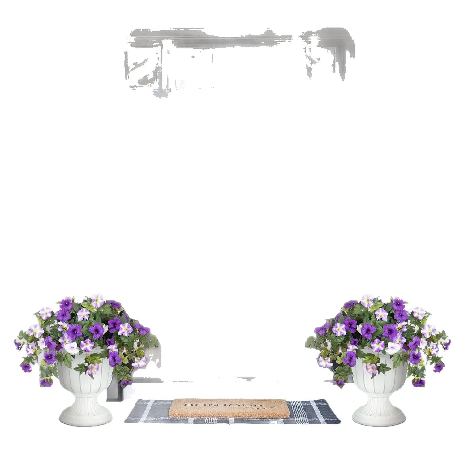 Plastic artificial flower container with 12 ground forks in courtyard garden setting